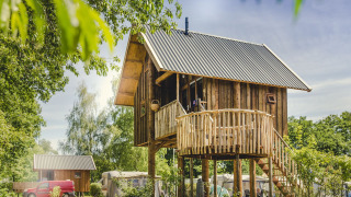 Wooden tree house with circular balcony, surrounded by trees and greenery, perfect for a nature retreat.