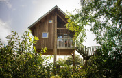Tree house at Holiday Park Mölke, Netherlands, elevated among green trees with a balcony and staircase.