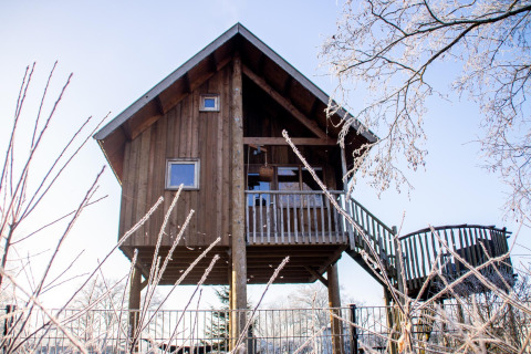 Cabane dans les arbres au Holiday Park Mölke, Pays-Bas, prise un matin givré sous un ciel bleu.