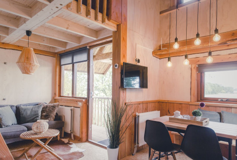 Bright, cozy tree house interior at Holiday Park Mölke in the Netherlands, featuring modern wooden decor.