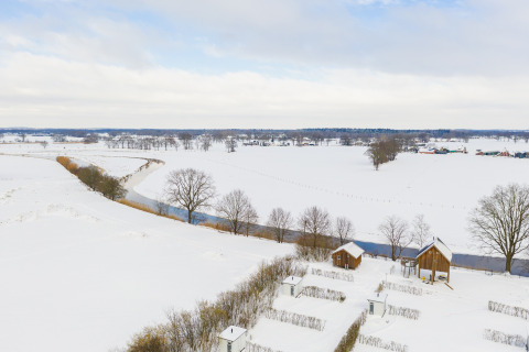 Verschneite Landschaft mit Baumhäusern im Holiday Park Mölke, Niederlande, aus der Vogelperspektive.