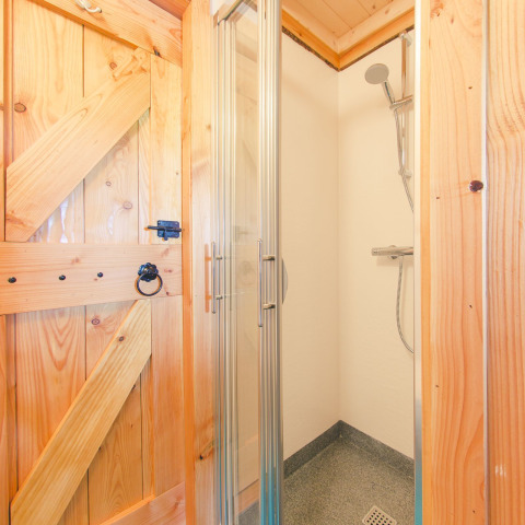 Pequeña cabina de ducha con puerta de cristal y pared de madera rústica en Tree house, Holiday Park Mölke, Países Bajos.