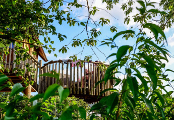 Boomhut bij Holiday Park Mölke in Nederland, omringd door groene bladeren en een stralende blauwe lucht.