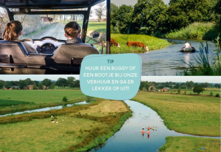 Foto di persone che guidano un buggy e remano in barca in un paesaggio verde presso un glamping.