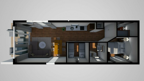 Fugleperspektiv af planløsning for en moderne lodge med stue, køkken, to soveværelser og balkon i River Cabin.