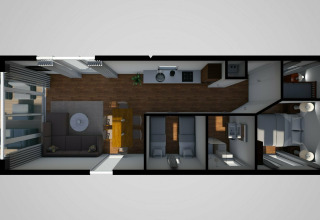 Vue de dessus du plan d’une cabane moderne avec salon, cuisine, deux chambres et un balcon à River Cabin.