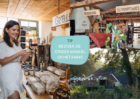 Woman shopping at a local farm shop during glamping, surrounded by regional products and park atmosphere.