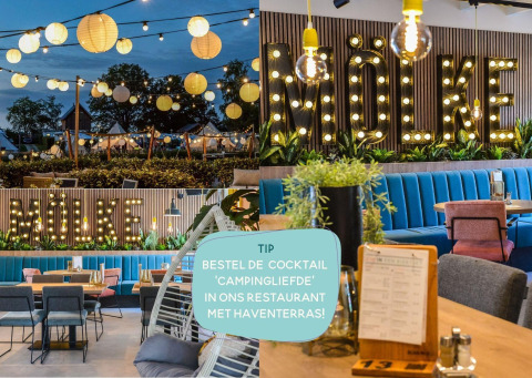 Zona de glamping decorada con farolillos y restaurante moderno con letras luminosas 'Mölke' en la pared.