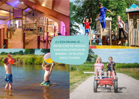 Niños juegan dentro y fuera en un alojamiento glamping, con juegos de agua, columpios y coche a pedales.