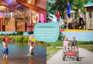 Des enfants s’amusent dedans et dehors dans un hébergement glamping, avec jeux d’eau et karts à pédales.