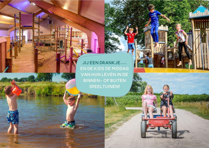 Children playing indoors and outdoors at a glamping site, enjoying play areas, water games, and pedal carts.