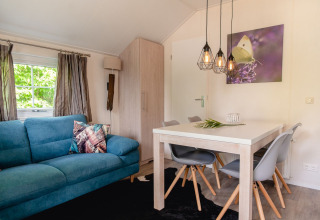 Scandinavisch ingerichte woonkamer met blauwe zetel, eettafel en moderne verlichting in Holiday Park Mölke.