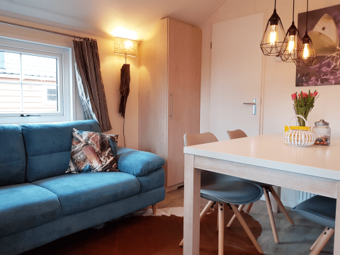 Interno di lodge scandinavo moderno con divano blu, tavolo da pranzo, lampade e tulipani a Holiday Park Mölke.