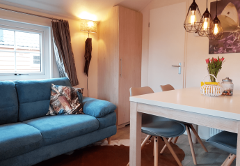 Modernes skandinavisches Lodge-Interieur mit blauer Couch, Esstisch, Lampen und Blumen in den Niederlanden.