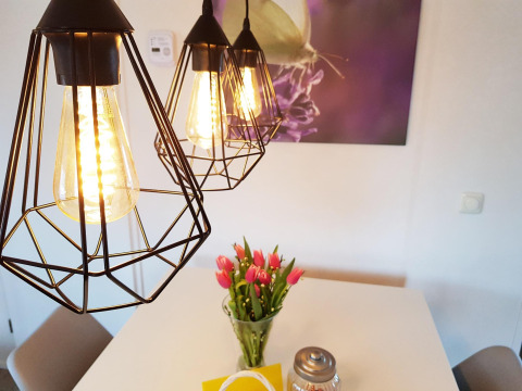 Modernas lámparas colgantes escandinavas y un florero de tulipanes en una mesa en Scandinavian lodge, Holiday Park Mölke, Países Bajos.
