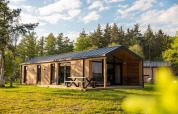 Cabaña de madera moderna con gran terraza y mesa de picnic en un entorno boscoso y soleado.