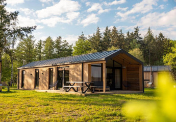 Moderne træhytte med stor terrasse og picnicbord midt i en fredelig skov, badet i sollys.