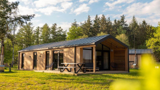 Moderne træhytte med stor terrasse og picnicbord midt i en fredelig skov, badet i sollys.
