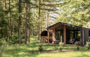 Cabaña en la naturaleza con sauna panorámico en el bosque de Wilsumer Berge, Alemania, rodeada de árboles altos.