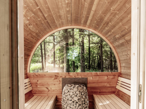 Vista interna di una sauna panoramica in legno con panche e stufa, vista sulla foresta di Wilsumer Berge.