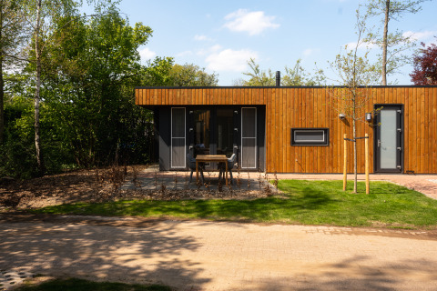 Een moderne houten lodge met terras en tuin, omringd door bomen onder een heldere blauwe lucht.