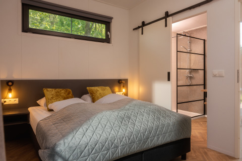 Dormitorio moderno en una cabaña con cama doble, cojines dorados y baño accesible con ducha.