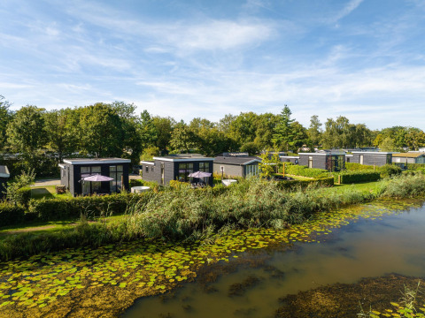 Kleine Häuser am Fluss mit Seerosen und viel Grün unter blauem Himmel, bekannt als River Cabin.