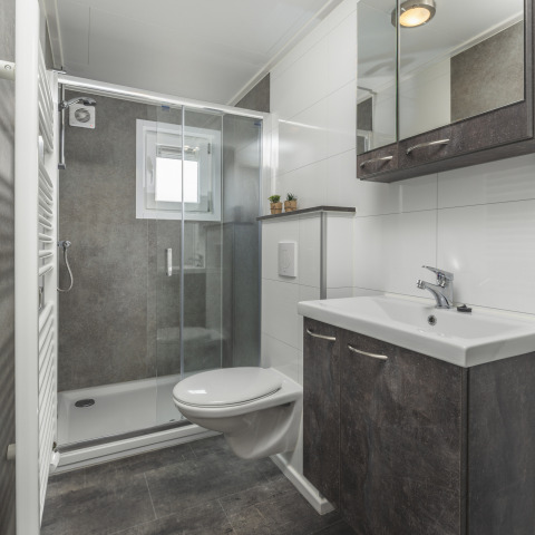 Moderne glampingbadkamer met wandtoilet, glazen douche en een stijlvol wastafelmeubel in donkere tinten.