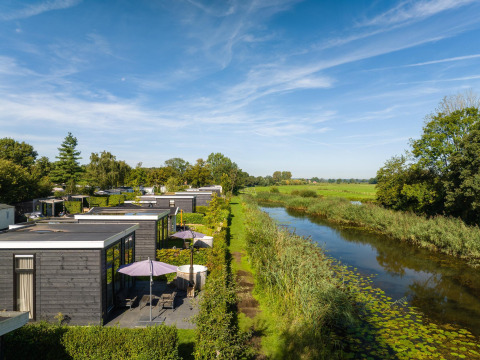 River Cabin mit Terrasse am Wasser im Holiday Park Mölke, umgeben von Natur und blühenden Wiesen in Holland.