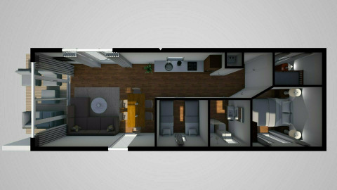 Top-down view of River Cabin at Holiday Park Mölke, showing living, dining, kitchen, and bedroom areas.