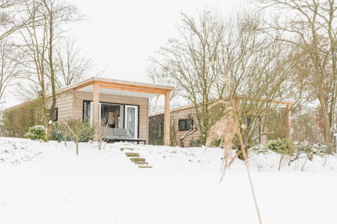 Petite maison avec terrasse en bois dans la neige au Holiday Park Mölke aux Pays-Bas, entourée d’arbres.