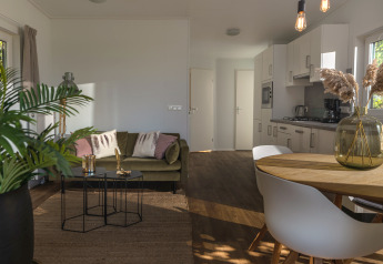 Modernes Glamping-Apartment mit gemütlichem Wohnbereich, Küche, Esstisch und stilvoller Dekoration.