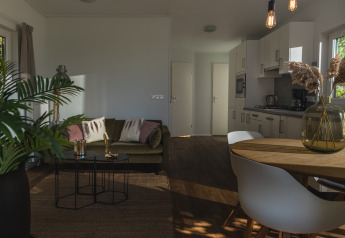 Moderne glamping accommodatie met comfortabele zithoek, open keuken, eetruimte en veel natuurlijk licht.