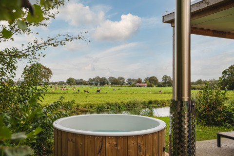 Udsigt fra River Lodge med badetønde på Holiday Park Mölke i Holland, over marker med græssende køer.