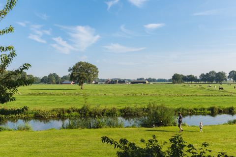 Veduta di una glamping: prati verdi, mucche, un ruscello e una famiglia che passeggia sul prato.