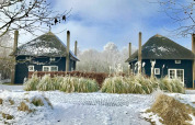 Twin thatched-roof tiny houses in snow at Holiday Park Mölke, Netherlands, surrounded by frosty trees.