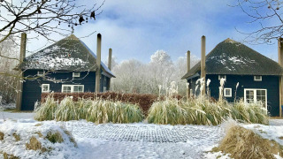 Dos casas pequeñas con techo de paja en la nieve en Holiday Park Mölke, Países Bajos, rodeadas de árboles helados.