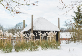 Snow-covered Reggehooiberg tiny house with sauna and hot tub at Holiday Park Mölke, Netherlands, in winter.