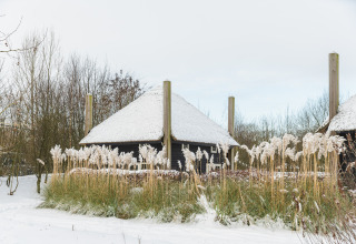 Snow-covered tiny house Reggehooiberg with sauna and hot tub at Holiday Park Mölke, Netherlands, in winter.