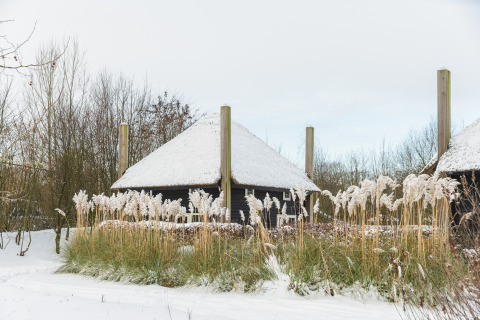 Snedækket tiny house Reggehooiberg med sauna og hot tub i Holiday Park Mölke, Holland, om vinteren.