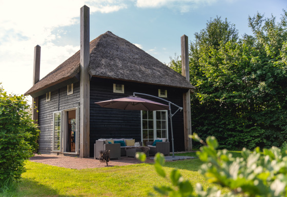 Charming group lodge Reggehooiberg with thatched roof, outdoor patio, and large backyard in lush greenery.