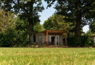 Pequeña casa de madera con terraza rodeada de árboles en Holiday Park Mölke, Países Bajos, día soleado.