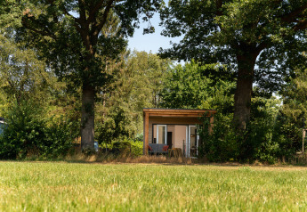 Kleine houten lodge met terras tussen bomen in Holiday Park Mölke, Nederland, omringd door natuur.
