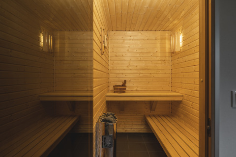 Vista interior de una sauna moderna de madera con bancos y cubo, situada en un alojamiento glamping.