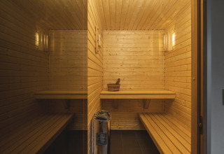 Binnenaanzicht van een moderne houten sauna met banken en emmer, gelegen bij een glampingaccommodatie.