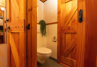 Et hyggeligt badeværelse i træ med toilet og grøn plante, set i et tiny house på Holiday Park Mölke.