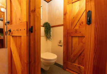 Et hyggeligt badeværelse i træ med toilet og grøn plante, set i et tiny house på Holiday Park Mölke.