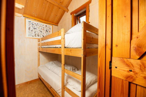 Habitación de cabaña con literas, póster de aves y ventana; interior cálido en Regge Cottage, Países Bajos.