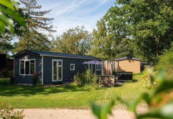 Billede af Bungalette basic med spabad i Holiday Park Mölke, omgivet af grønne træer og græsplæne.