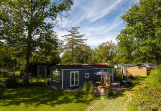 Modern lodge with hot tub surrounded by trees at Holiday Park Mölke in the Netherlands on a sunny day.
